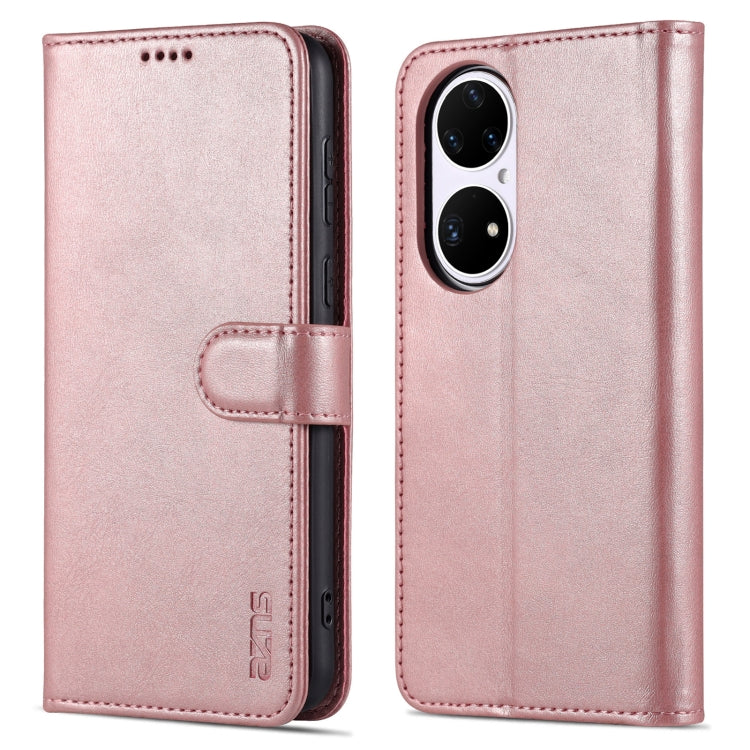 Para Huawei P50 Pro AZNS Siente la piel de la piel de la piel de la carne de cuero Horizontal Flip Funda con ranuras y soporte para tarjetas y billetera (oro rosa)