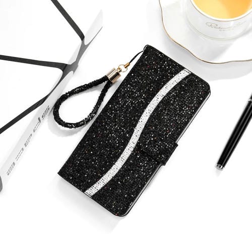 Para Google Pixel 5A 5G Glitter Powder Horizontal Flip Funda de cuero con ranuras y soporte para tarjetas y cordón (negro)