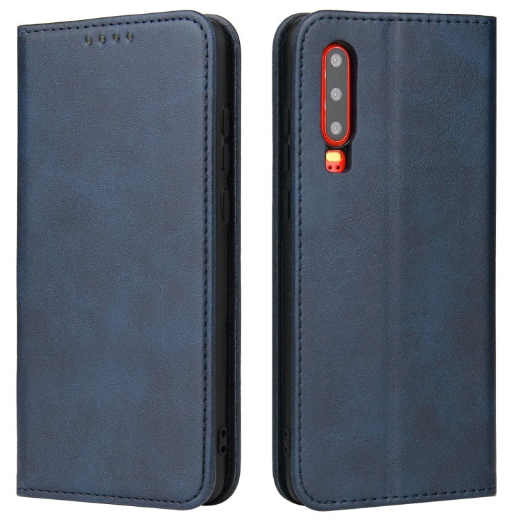 Para Huawei P30 Calf Texture Horizontal Flip Funda de cuero con soporte y ranuras para tarjetas y billetera (azul)