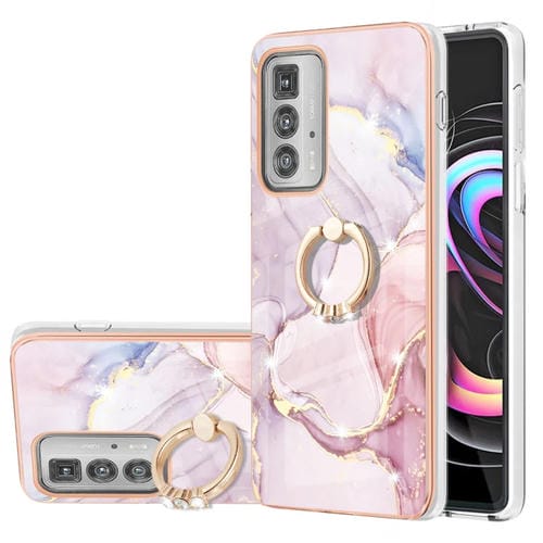 Funda TPU Mármol Electrochaplating con Soporte de Anillo para Motorola Moto Edge 20 Pro (Oro Rosa)