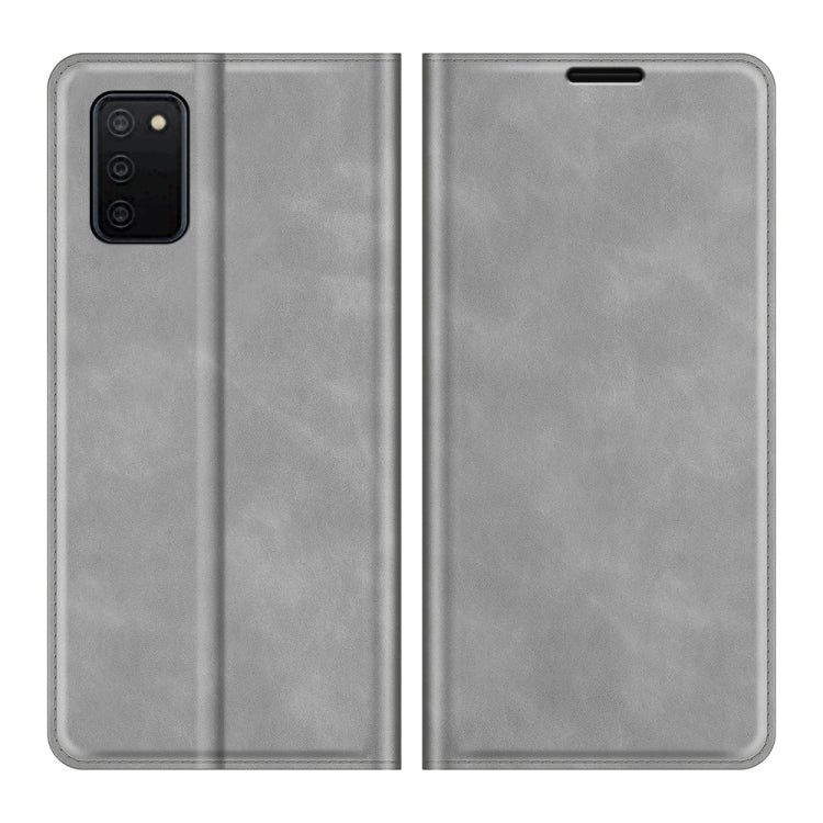 Caja de Cuero para Samsung Galaxy A03S Succión Magnética Soporte Ranuras Tarjetas Billetera (Gris)