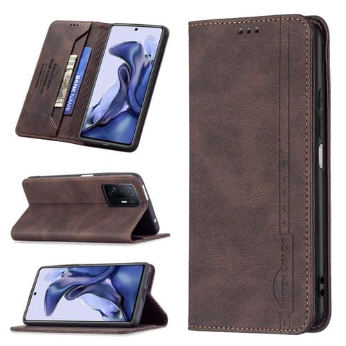 Para Xiaomi 11T / 11T Pro Magnetic RFID Funda de cuero antirrobo con soporte y ranuras para tarjetas y billetera (Marrón)