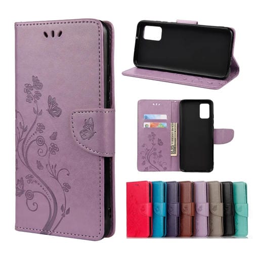 Para Xiaomi Redmi Note 11 Patrón de flores de mariposa Funda para teléfono de cuero de flip horizontal con ranura para tarjeta y soporte (púrpura claro)