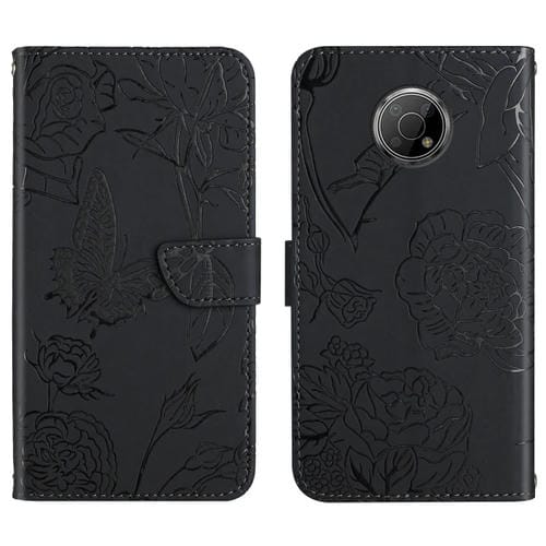 Funda de Cuero en Relieve Peonía y Mariposa para Nokia G300 (Negro)