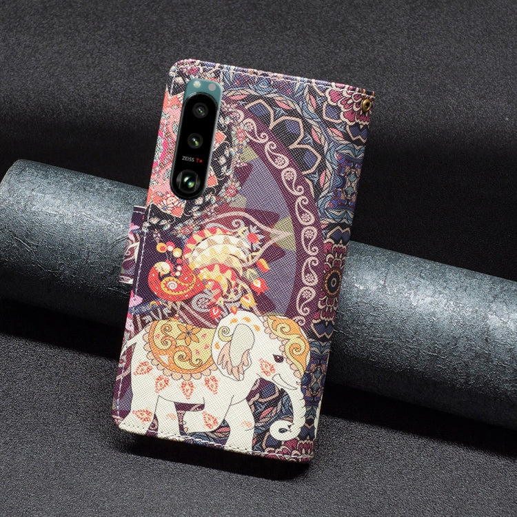 Para Sony Xperia 5 III Patrón de dibujo de color cremallera Horizontal Flip Telephone Case de cuero (elefantes de flores)