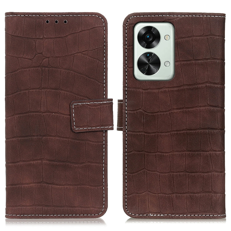 Funda OnePlus Nord 2T de Cuero con Textura Crocodile y Cierre Magnético Horizontal (Marrón)
