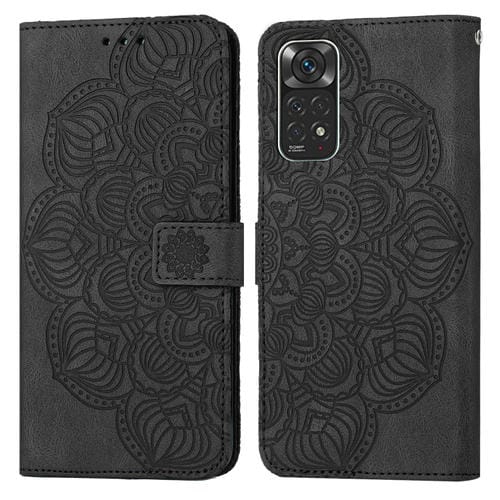 Para Xiaomi Redmi Note 11 Case de teléfono de cuero Flip en relieve de mandala internacional (negro)