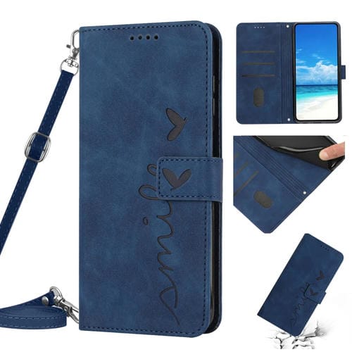 Funda de Cuero para Samsung Galaxy S20 Ultra Skin Feel Heart Pattern con Cordón (Azul)