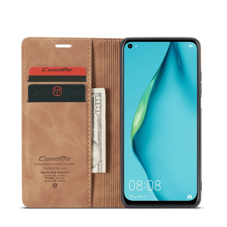 Para Huawei P40 Lite CaseMe-013 Estuche de cuero con tapa horizontal multifuncional con ranura para tarjeta, soporte y billetera (marrón)