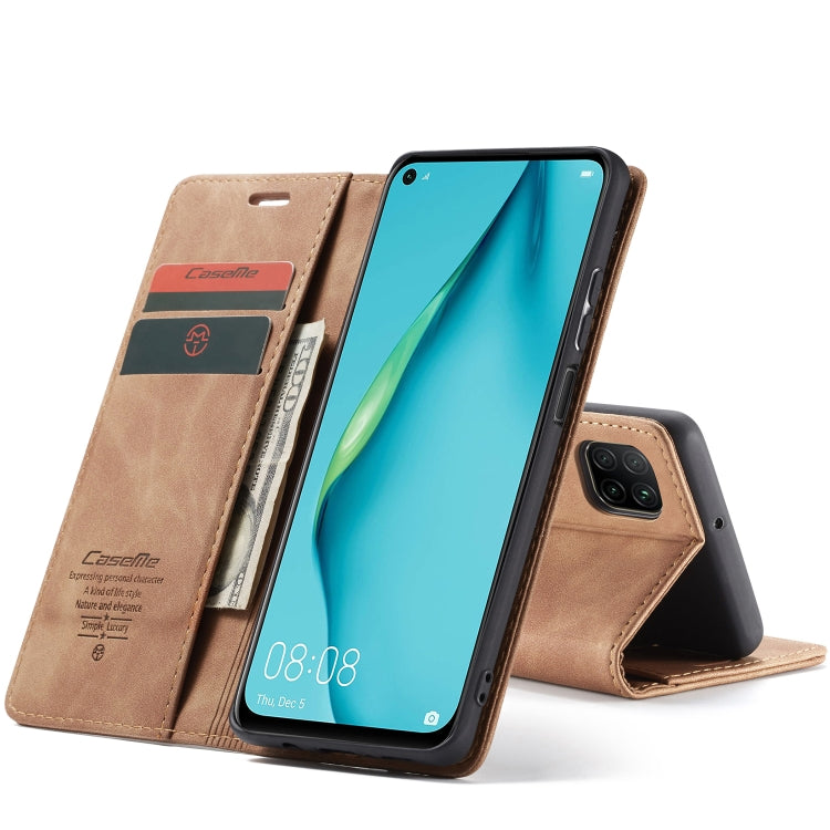 Para Huawei P40 Lite CaseMe-013 Estuche de cuero con tapa horizontal multifuncional con ranura para tarjeta, soporte y billetera (marrón)