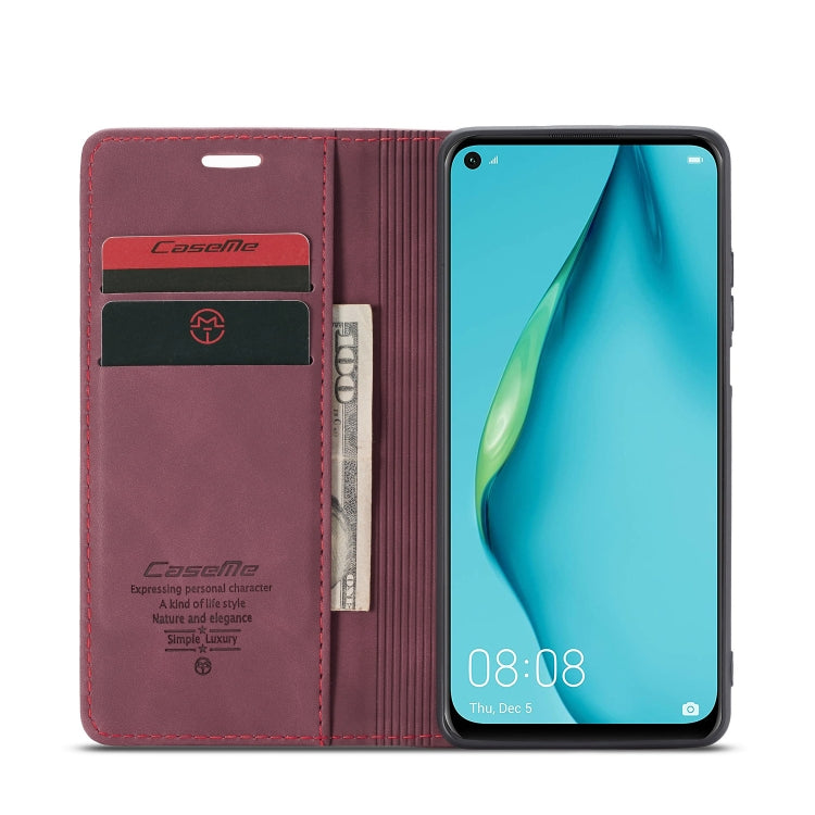 Para Huawei P40 Lite CaseMe-013 Estuche de cuero con tapa horizontal multifuncional con ranura para tarjeta, soporte y billetera (rojo vino)