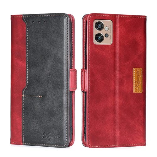 Funda de Cuero para Motorola Moto G32 4G con Hebilla Lateral y Color de Contraste (Rojo + Negro)