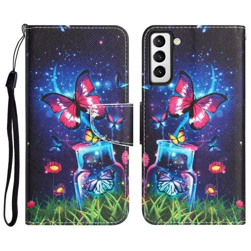 Para Samsung Galaxy S22 5G Estuche de teléfono de cuero con dibujo coloreado (mariposa de botella)