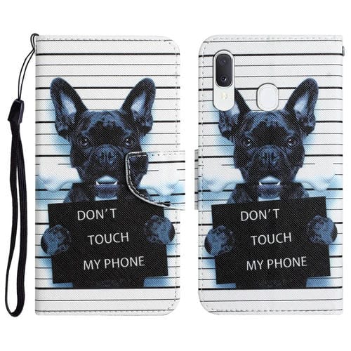 Para Samsung Galaxy A20e Estuche para teléfono de cuero con dibujo coloreado (perro negro)