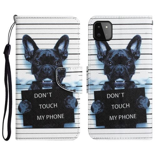 Para Samsung Galaxy A22 5G Caja de teléfono de cuero con dibujo coloreado (perro negro)