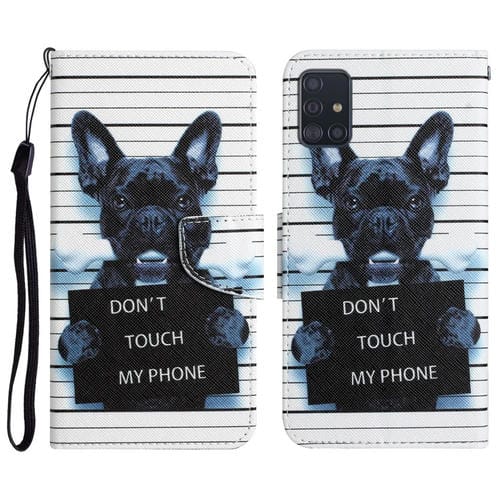 Para Samsung Galaxy A51 Funda de teléfono de cuero con dibujo coloreado (perro negro)