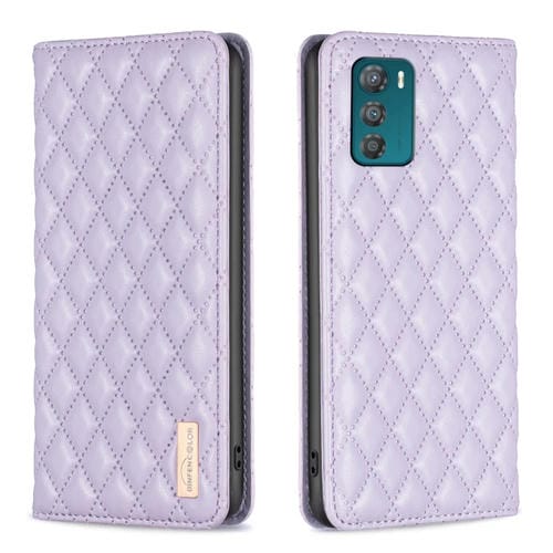 Funda Flip de Cuero Magnética para Motorola Moto G42 con Diseño Diamond Lattice (Púrpura)