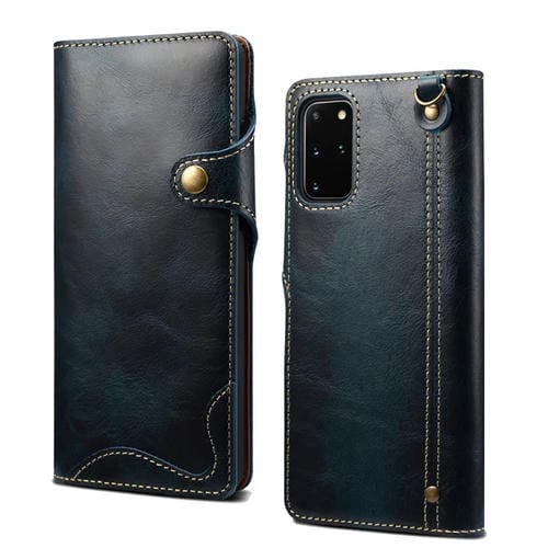 Para Samsung Galaxy Note20 Denior Oil Wax Cowhide Botón magnético Funda de cuero genuino (Azul oscuro)