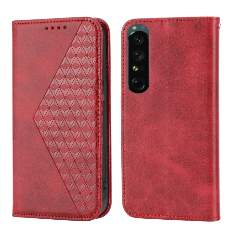 Para Sony Xperia 5 IV Caja de teléfono de cuero magnético con textura de pantorrilla de cuadrícula cúbica (Rojo)