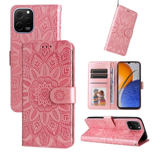 Para Huawei nova Y61 Funda de teléfono de cuero con estampado de girasol en relieve (Oro rosa)