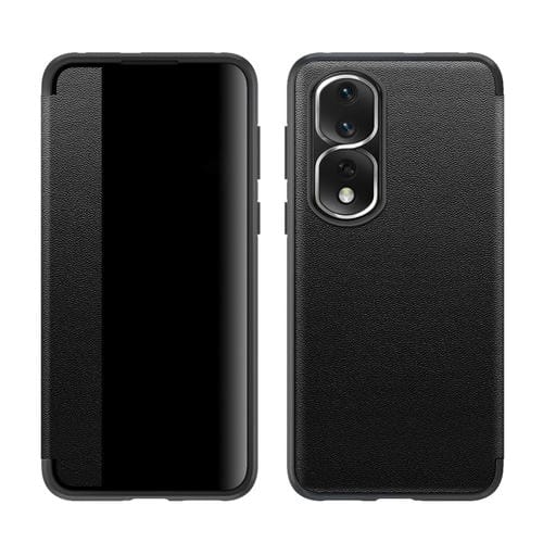 Para Honor 80 Pro Estuche para teléfono inteligente de cuero con vista de ventana lateral magnética (negro)