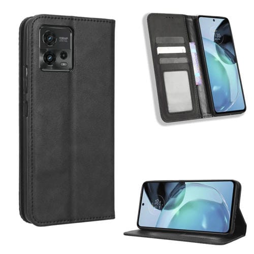 Funda de Cuero para Motorola Moto G72 4G con Hebilla Magnética y Textura Retro (Negro)