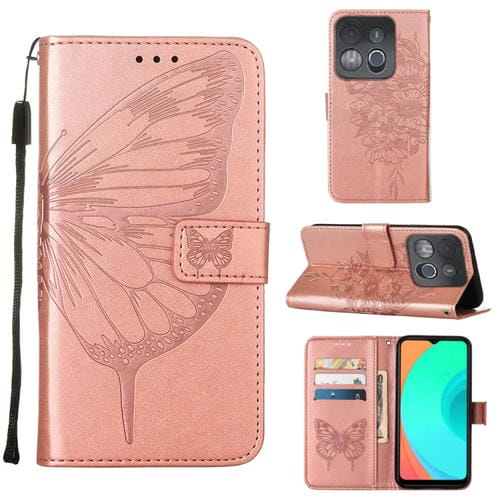 Estuche para Infinix Smart 7 X6515 de Cuero con Tapa de Mariposa en Relieve (Oro Rosa)