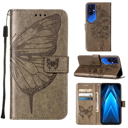 Estuche para Teléfono Tecno Pova 4 Pro Lg8N Cuero con Tapa de Mariposa en Relieve (Gris)