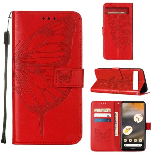 Funda de Cuero para Google Pixel 7A con Tapa de Mariposa en Relieve (Rojo)