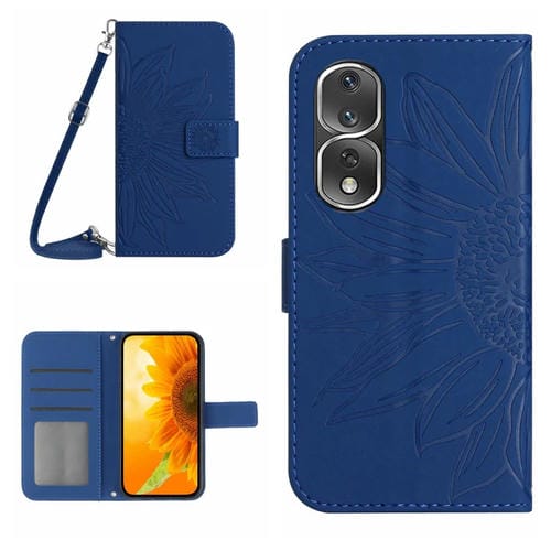 Funda de Cuero Honor 80 Pro HT04 Skin Feel Sun Flower con Tapa en Relieve y Cordón (Azul Oscuro)