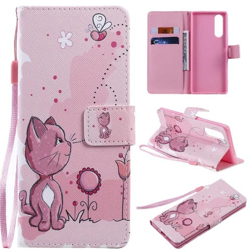 Para Sony XZ5 Painting Funda de cuero con tapa horizontal con soporte, ranura para tarjeta y cordón (gato y abeja)