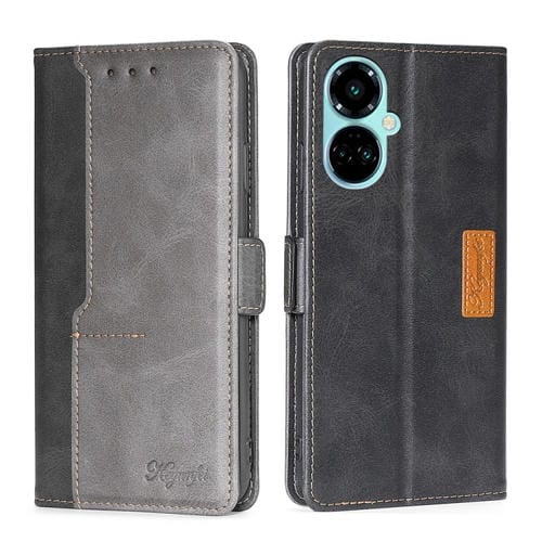Funda de Cuero para Tecno Camon 19 / 19 Pro con Hebilla Lateral y Contraste (Negro + Gris)