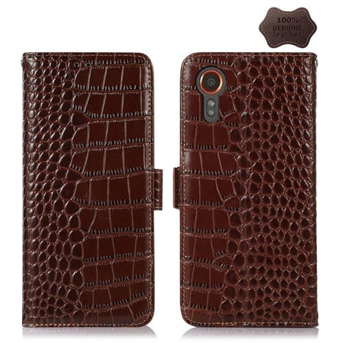 Funda para Teléfono Samsung Galaxy Xcover 7 Piel de Vaca con Capa Superior de Cocodrilo (Marrón)