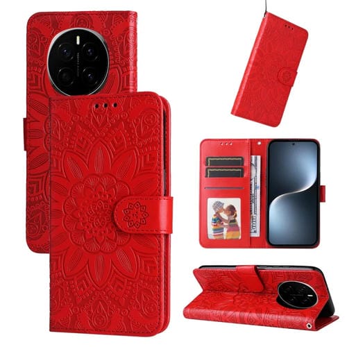 Funda de Cuero Honor Magic7 con Estampado de Girasoles en Relieve (Rojo)