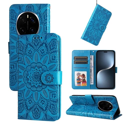 Funda de Cuero con Estampado de Girasoles en Relieve para Honor Magic7 Pro (Azul)