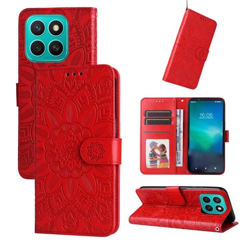 Funda de Piel para Honor X8C 4G con Estampado de Girasoles en Relieve (Roja)