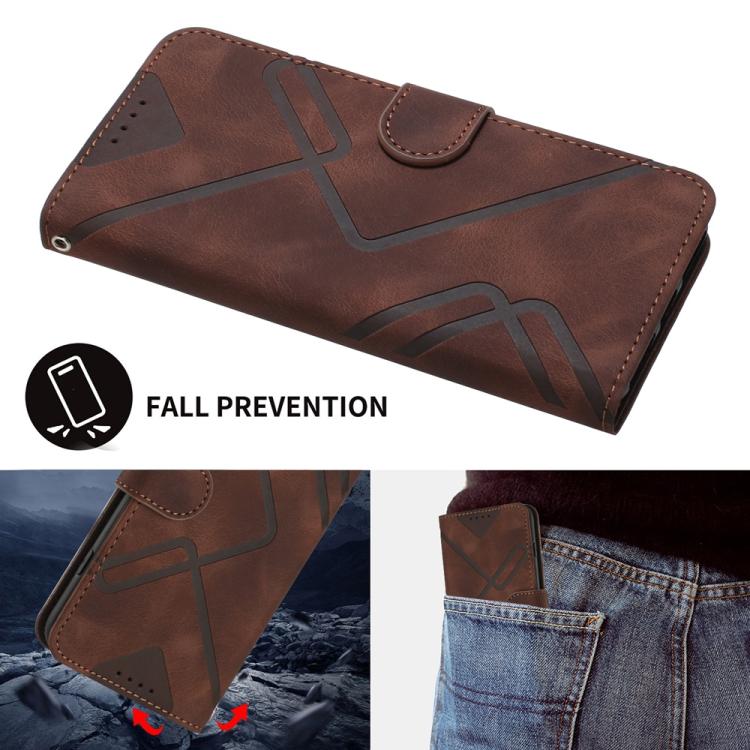 Funda de Cuero para Huawei Enjoy 50 y Nova Y70 con Diseño de Líneas y Tacto Suave (Café)