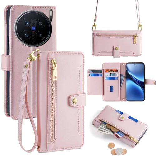 Funda de Cuero Tipo Cartera con Cremallera y Textura de Oveja para Vivo X200 Pro 5G (Rosa)