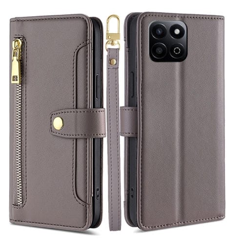 Funda de Cuero con Cremallera y Textura de Oveja para Honor Play 60 Plus (Gris)