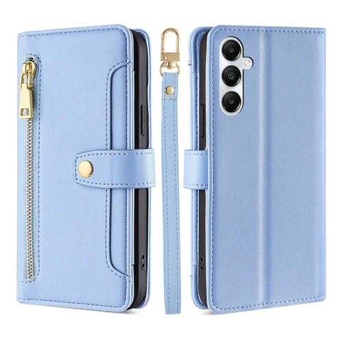 Funda para Samsung Galaxy A05S 4G Lite Cuero con Billetera y Cremallera Cuerpo Cruzado Textura de Oveja (Azul)