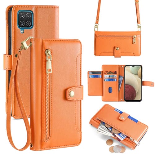 Estuche para Teléfono Samsung Galaxy A12 Cuero con Billetera Cremallera Cuerpo Cruzado Textura Oveja (Naranja)