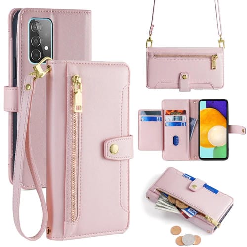 Funda para teléfono Samsung Galaxy A52 5G 4G A52S 5G cuero con billetera cremallera cuerpo cruzado textura de oveja (Rosa)
