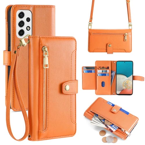 Funda para Teléfono Samsung Galaxy A53 5G Cuero Billetera Cremallera Cuerpo Cruzado Textura Oveja (Naranja)