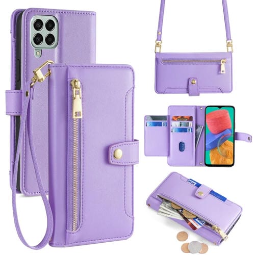 Funda para Samsung Galaxy M33 5G Cuero con Billetera, Cremallera y Cuerpo Cruzado (Púrpura)
