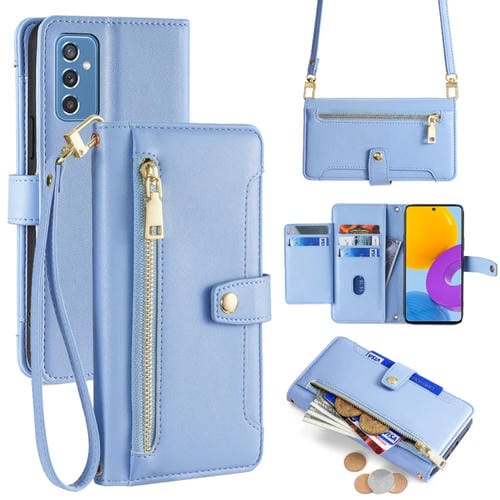 Funda de Cuero Samsung Galaxy M52 5G con Billetera y Cremallera Cuerpo Cruzado Textura de Oveja (Azul)