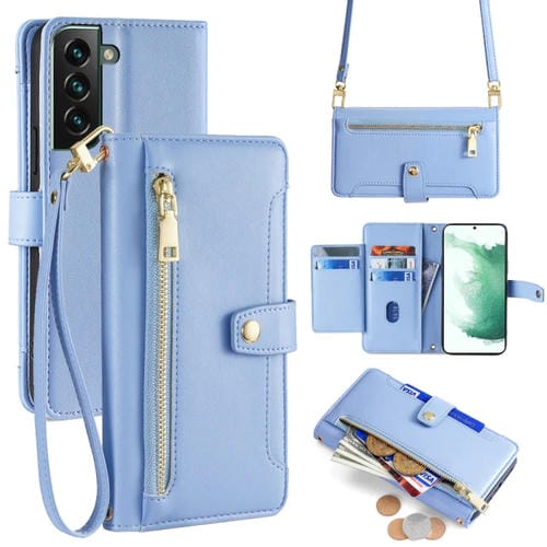Funda para Samsung Galaxy S22+ 5G Cuero con Billetera Cremallera y Textura Oveja (Azul)