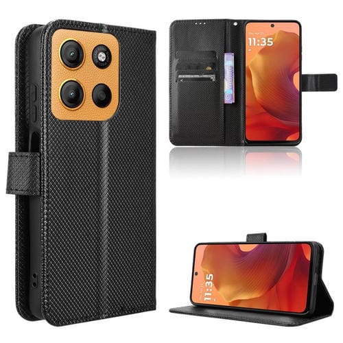 Funda de Cuero con Textura de Diamante para Motorola Moto G15 4G y G15 Power 4G (Negra)