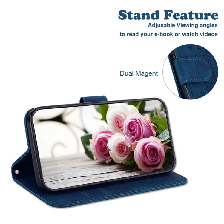 Funda de cuero con relieve de mariposa y rosa para Infinix Zero 40 4G/5G (azul)