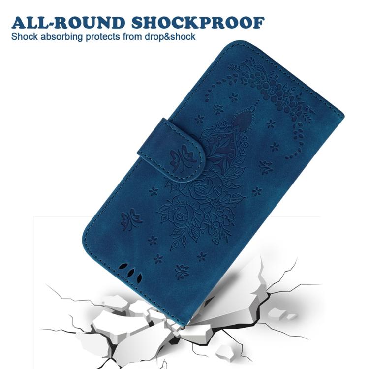 Funda de cuero con relieve de mariposa y rosa para Infinix Zero 40 4G/5G (azul)