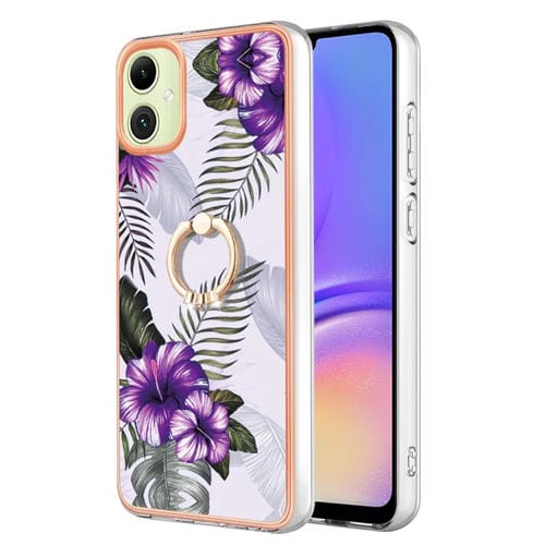 Caja de Teléfono Samsung Galaxy A05 Imd TPU con Galvanoplastia y Anillo (Flor Púrpura)